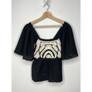 Sarah Hann Anthropologie Black Soutache Embroidery Flutter Sleeve Blouse XXS NWT